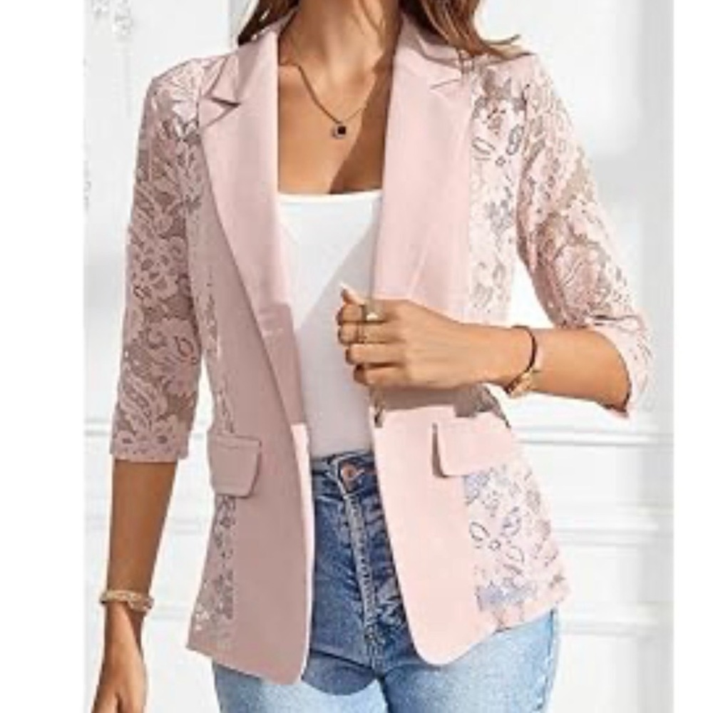 Women's Lace Sleeve Blazer Jacket - Soft Pink